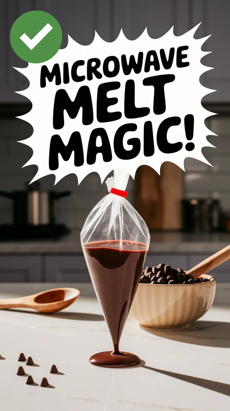 Melted chocolate chips in a piping bag ready for use, showcasing the easy method of melting without a double boiler.