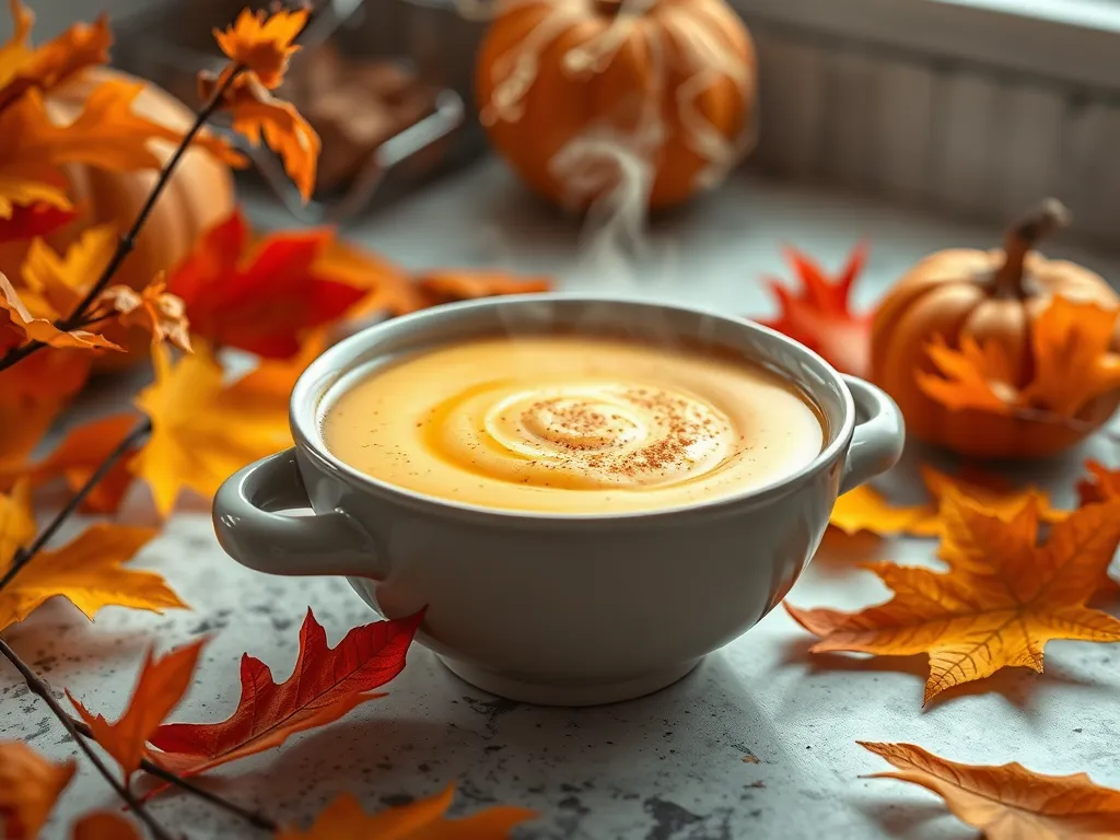 Delicious pumpkin spice custard in an Anyday bowl surrounded by autumn leaves and mini pumpkins.