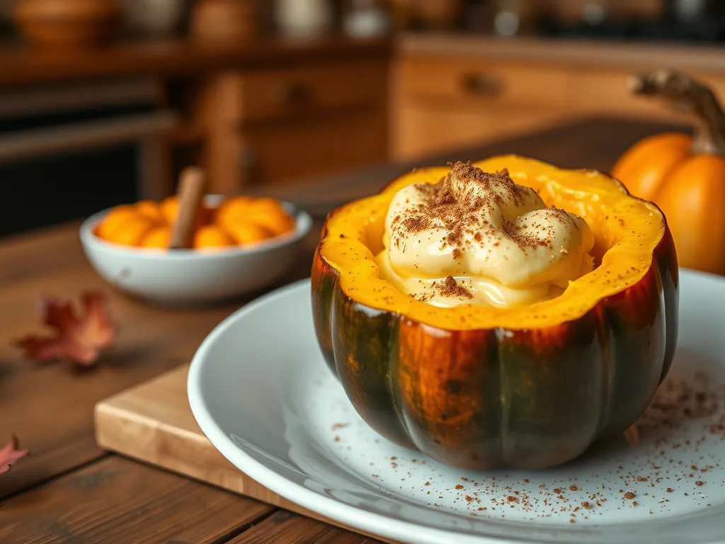 Delicious acorn squash filled with custard, illustrating the recipe for microwaving acorn squash for custard filling.