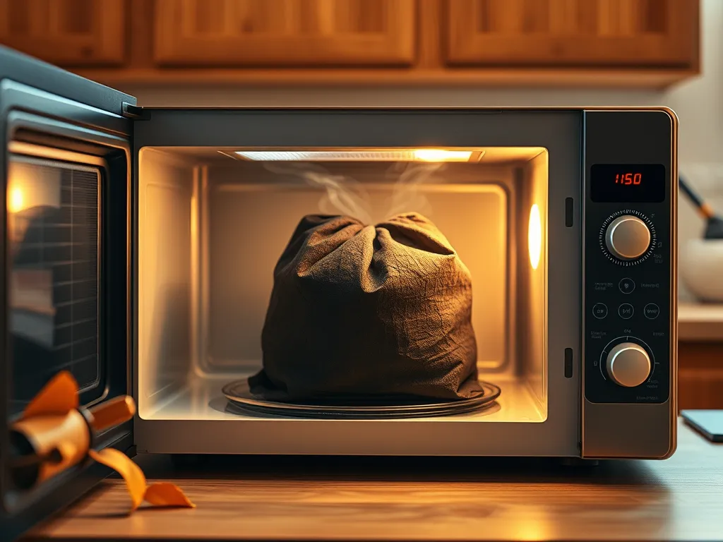 A microwave with a bag of activated charcoal inside, showing steam, related to restoring purity.