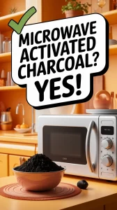 A bowl of activated charcoal next to a microwave, with the question Can You Microwave Activated Charcoal?