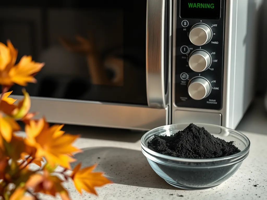 Bowl of activated charcoal next to a microwave, discussing detox benefits.