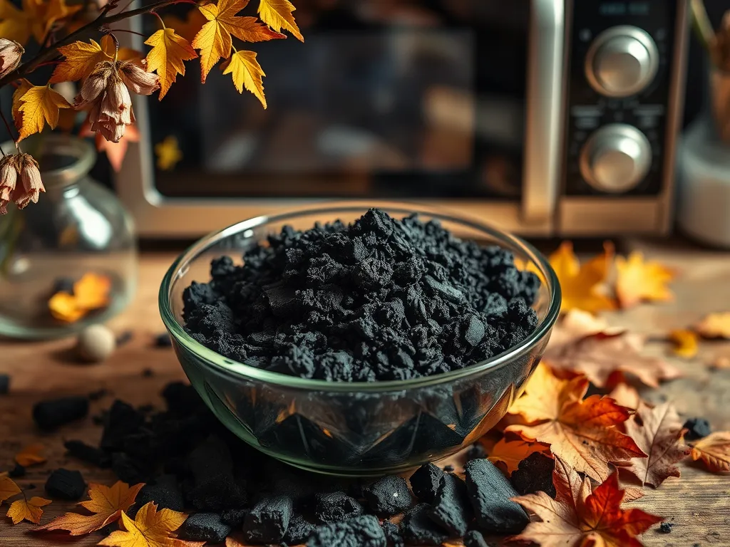 Bowl of activated charcoal next to a microwave, related to restoring its purity