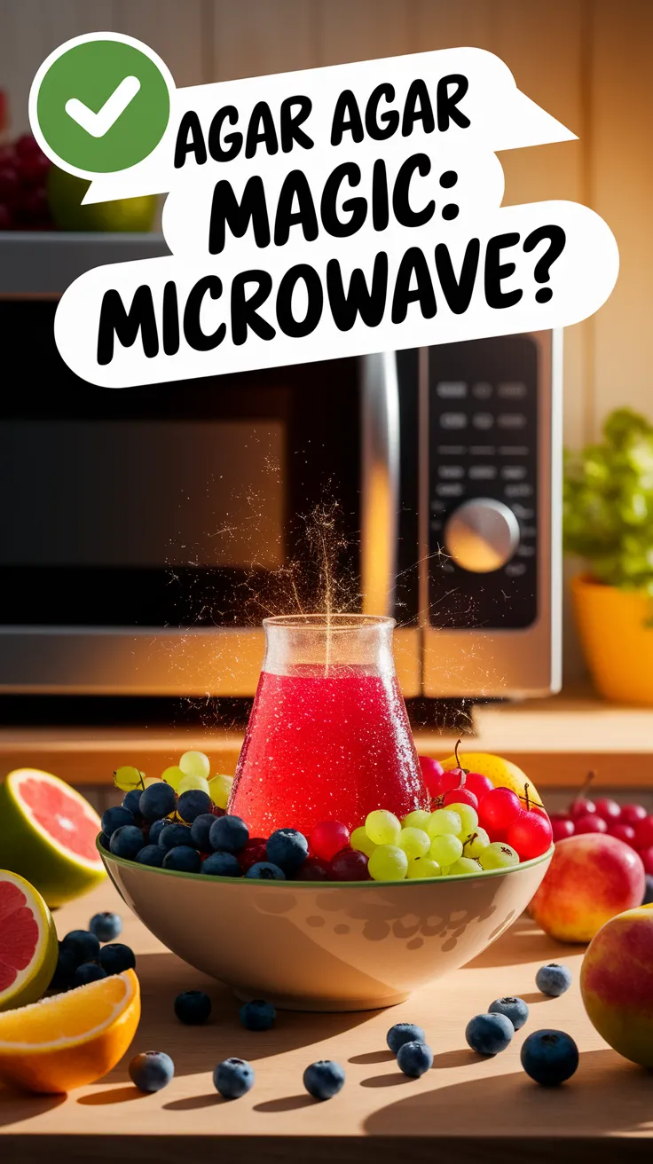 A bowl of fruit and agar agar jelly preparing in a microwave environment for vegan recipes.