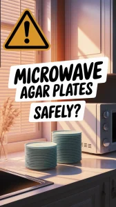 Agar plates stacked in a kitchen setting with a caution symbol, related to sterilizing agar plates in a microwave.