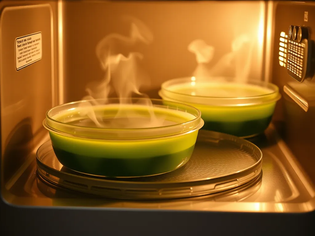 Two agar plates being sterilized in a microwave.