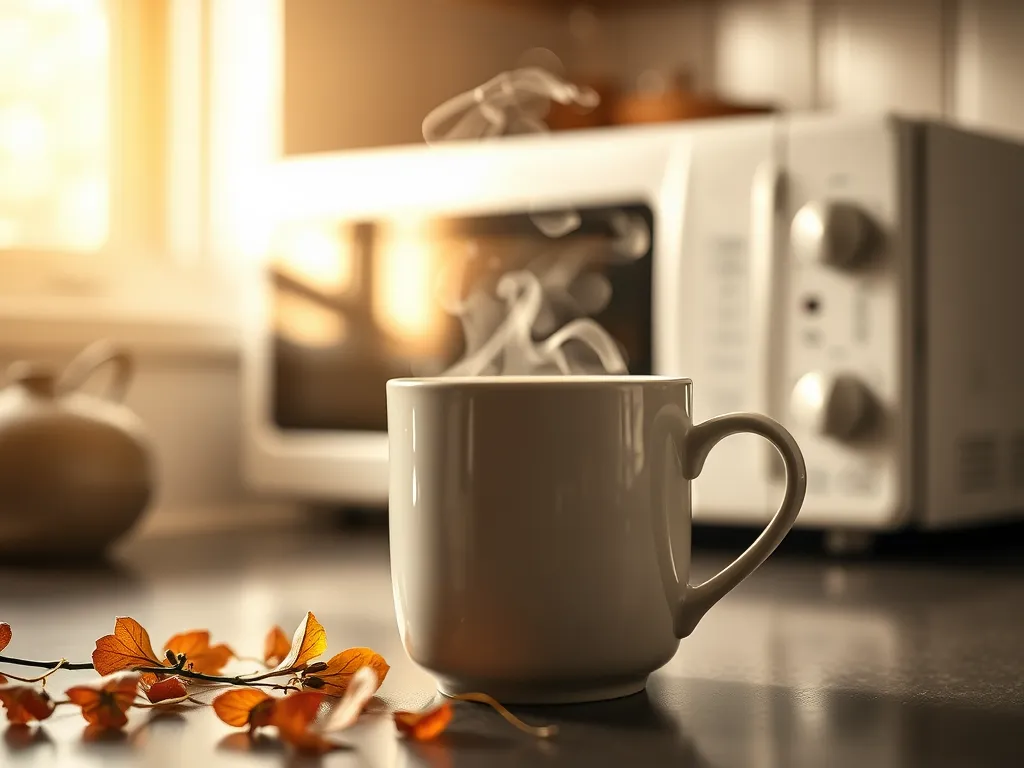 A steaming cup of water next to a microwave, related to Can Microwaves Alter Tap Water?