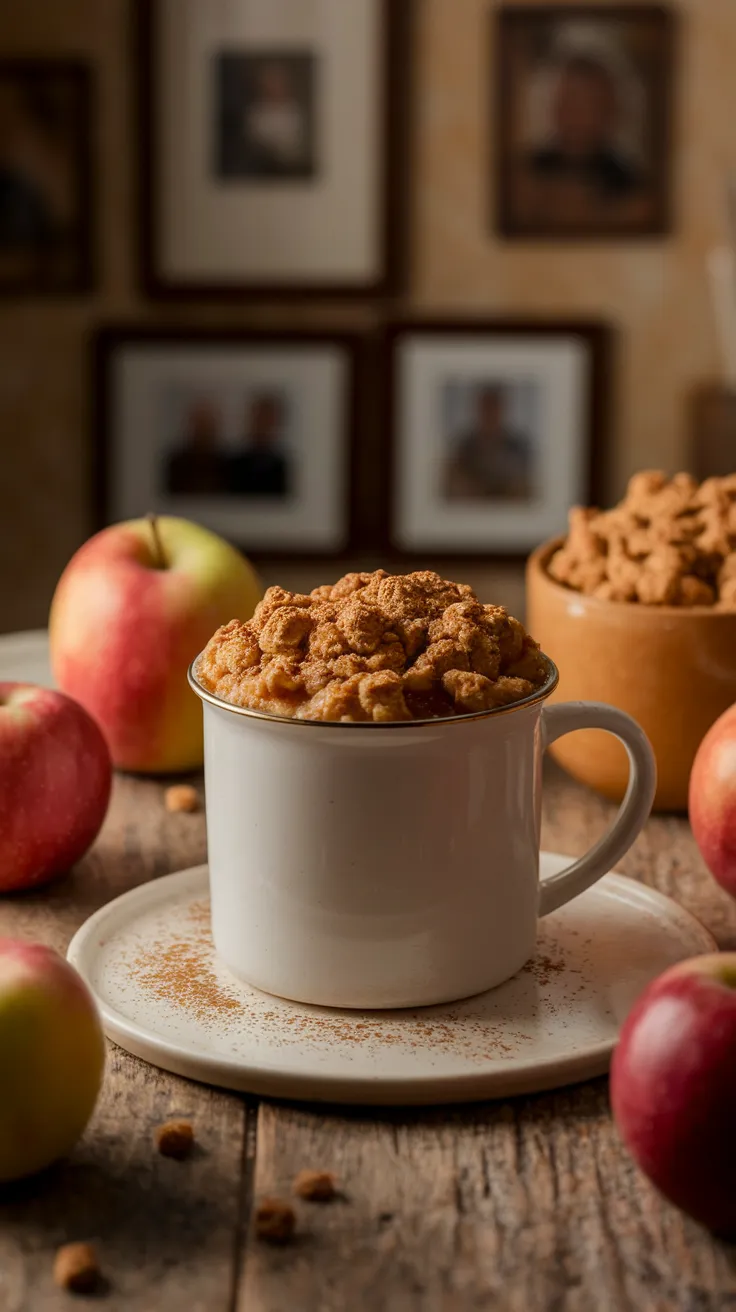 Delicious microwave apple crumble served in a mug with fresh apples around.