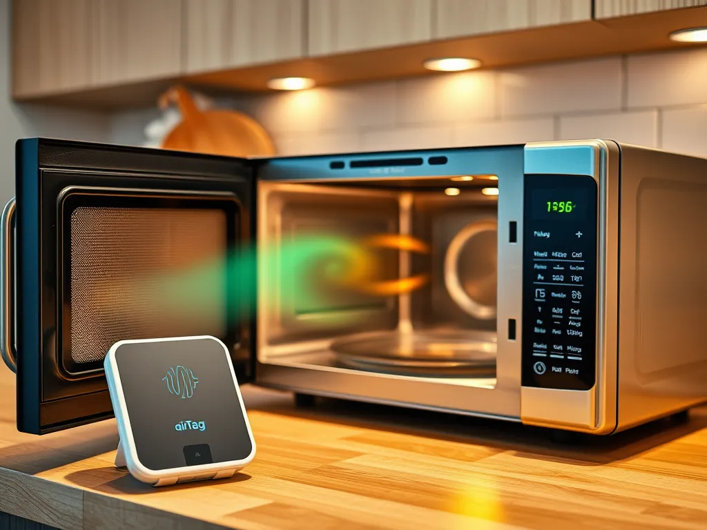 Apple AirTag placed near a microwave to illustrate the drying process after water damage