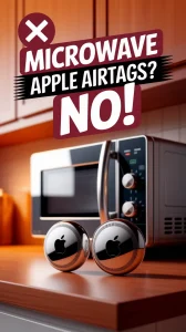 Image showing Apple AirTags next to a microwave with a warning not to microwave them for drying.