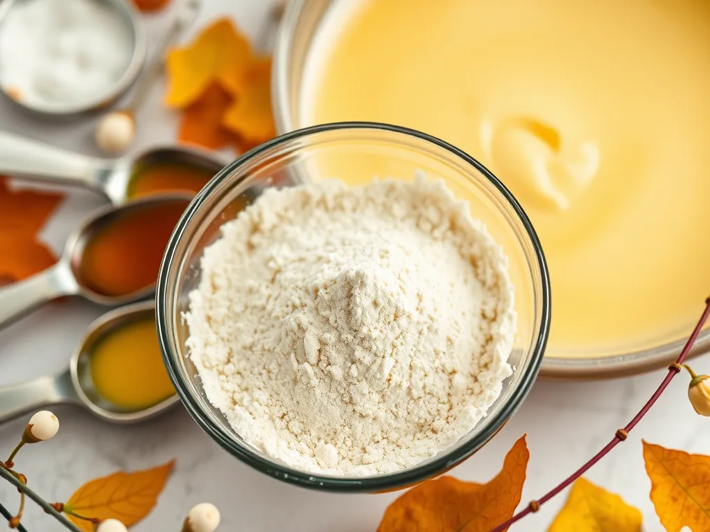 Bowl of arrowroot powder for thickening with ingredients in the background