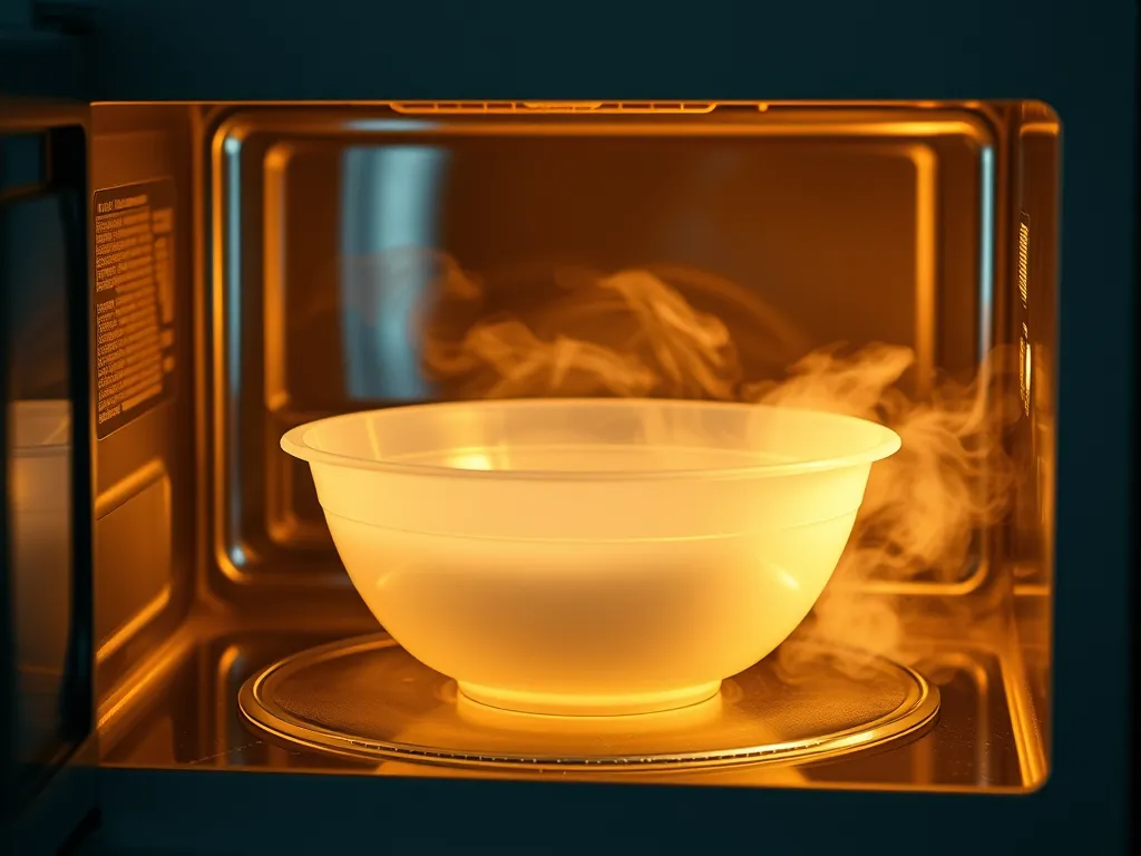 A bowl of baby food heating in a microwave, emphasizing the risks of microwaving plastic.