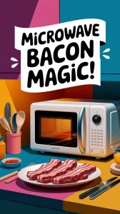 Deliciously cooked bacon in a microwave with vibrant kitchen colors