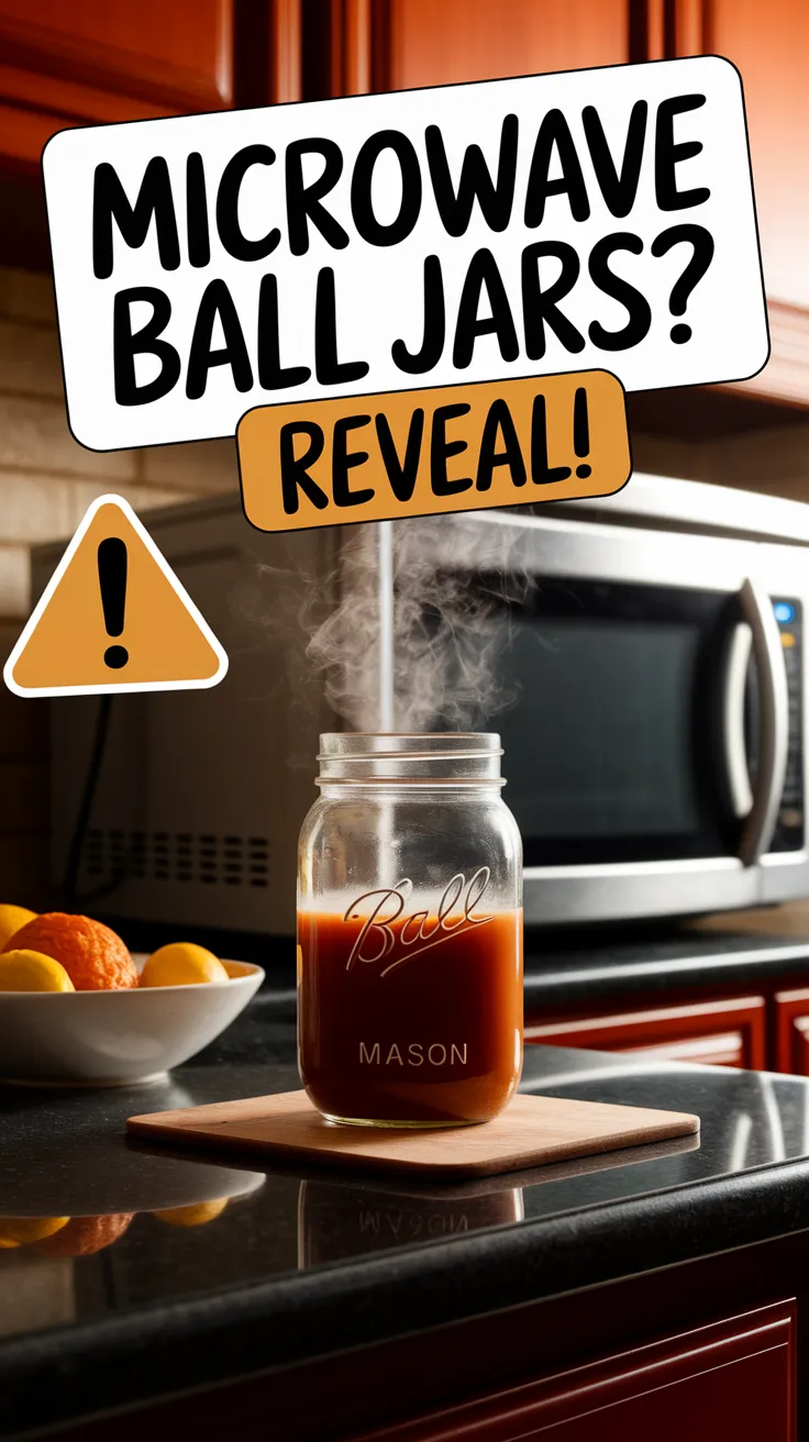 A Ball mason jar with steaming liquid inside, placed near a microwave.