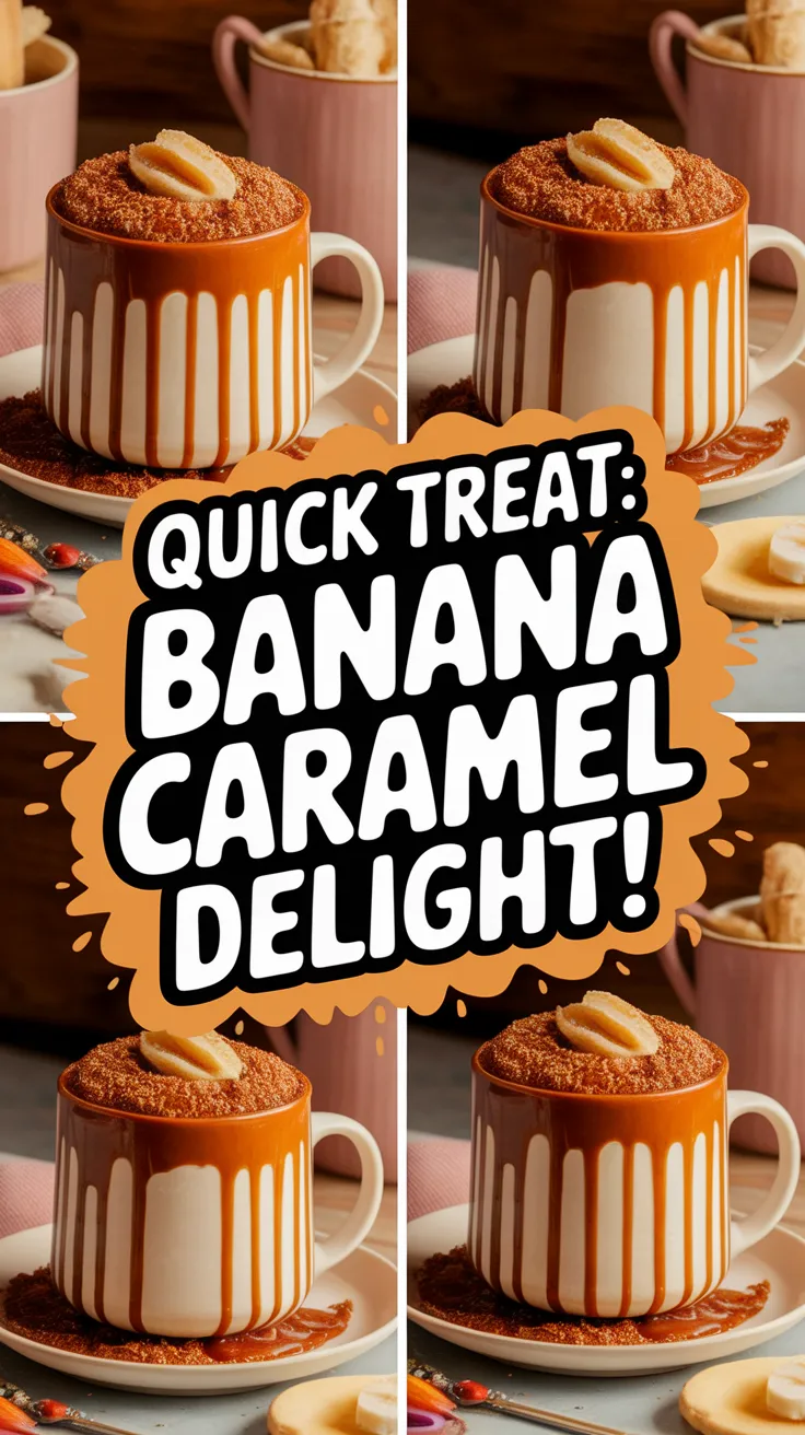 Delicious microwave banana caramel mug dessert topped with banana slices and caramel.