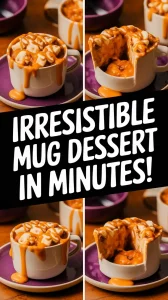 Delicious microwave banana foster mug dessert topped with caramel sauce.
