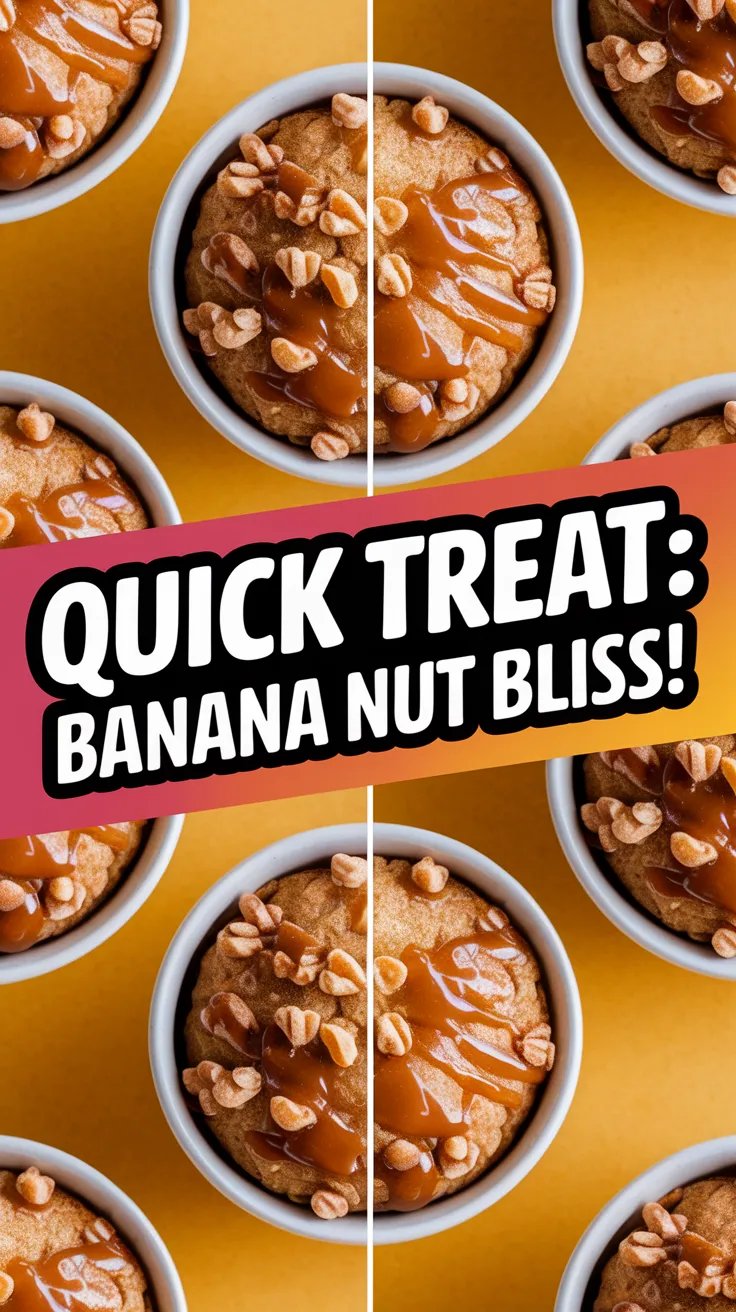 Delicious microwave banana nut mug muffin topped with caramel and nuts.