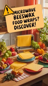 Colorful beeswax food wraps on a kitchen table with fruits and vegetables