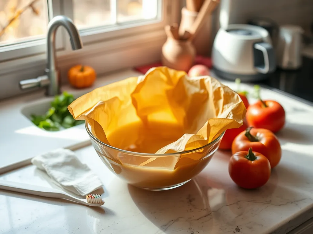 Beeswax food wraps used for cleaning and covering food in a bowl