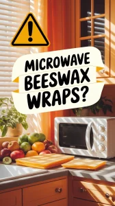 A kitchen scene with beeswax food wraps near a microwave, discussing microwave safety.