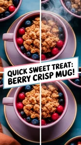 Delicious microwave berry crisp mug topped with crunchy ingredients, perfect for a quick dessert.