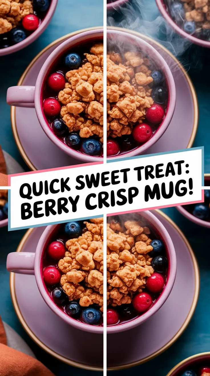 Delicious microwave berry crisp mug topped with crunchy ingredients, perfect for a quick dessert.