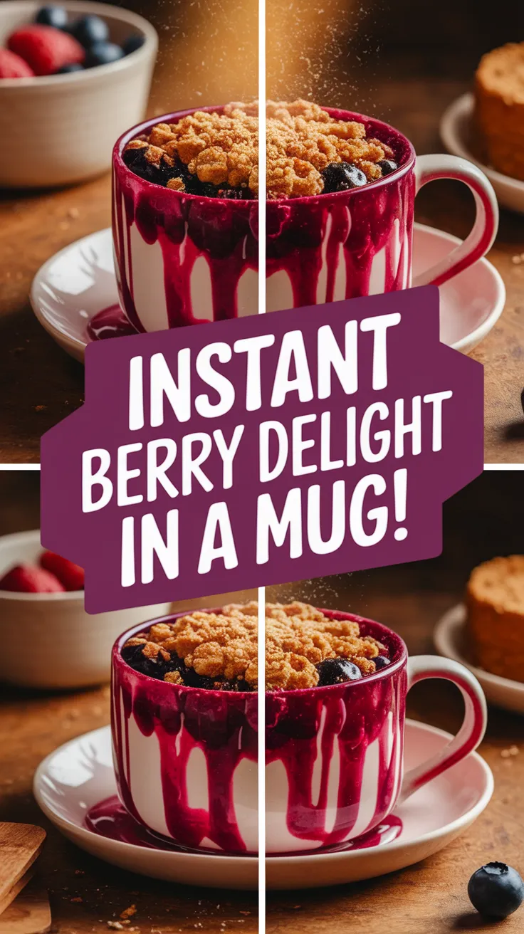 Delicious microwave berry crumble mug topped with crumble, perfect for a quick dessert.