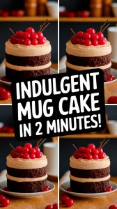 Delicious microwave Black Forest mug cake topped with cherries