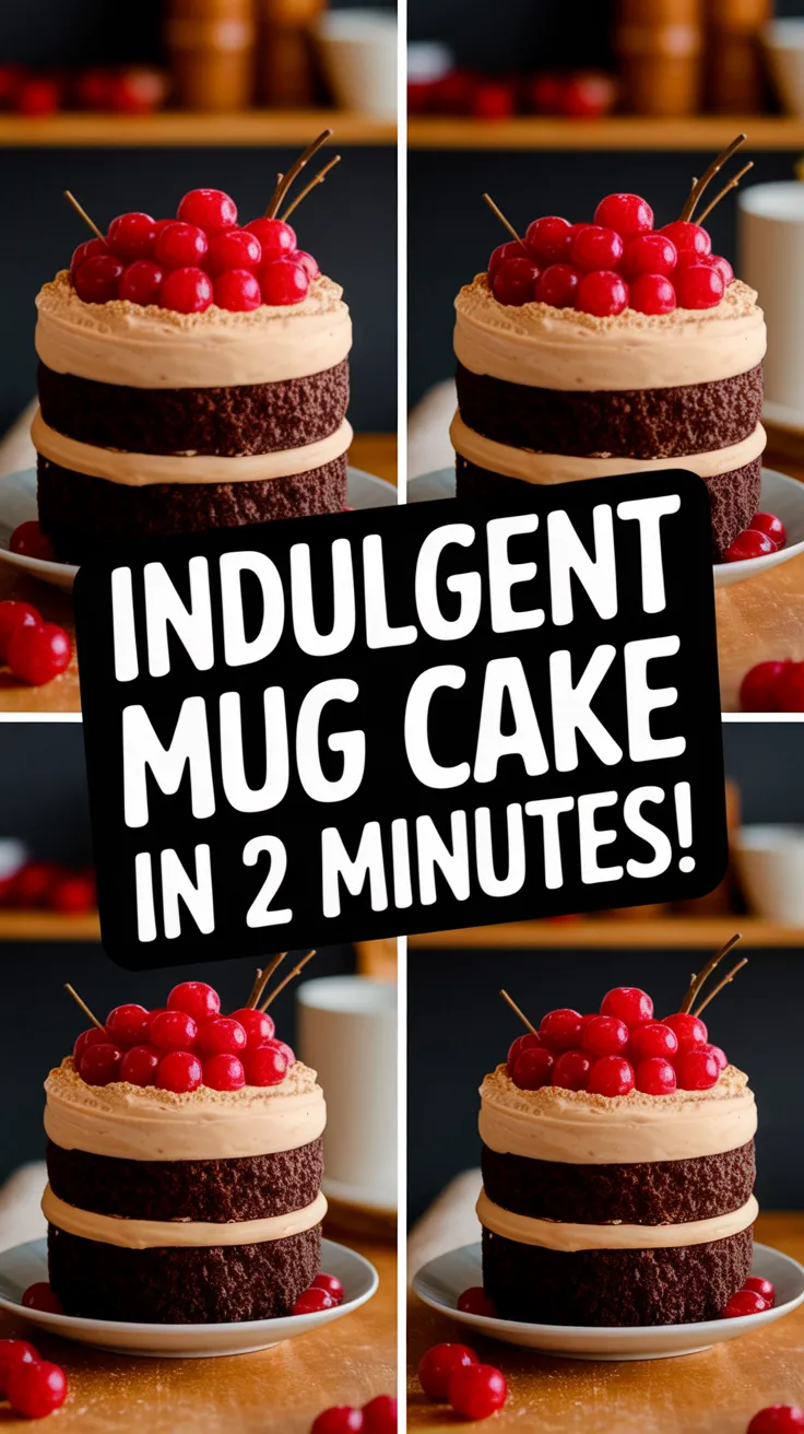 Delicious microwave Black Forest mug cake topped with cherries