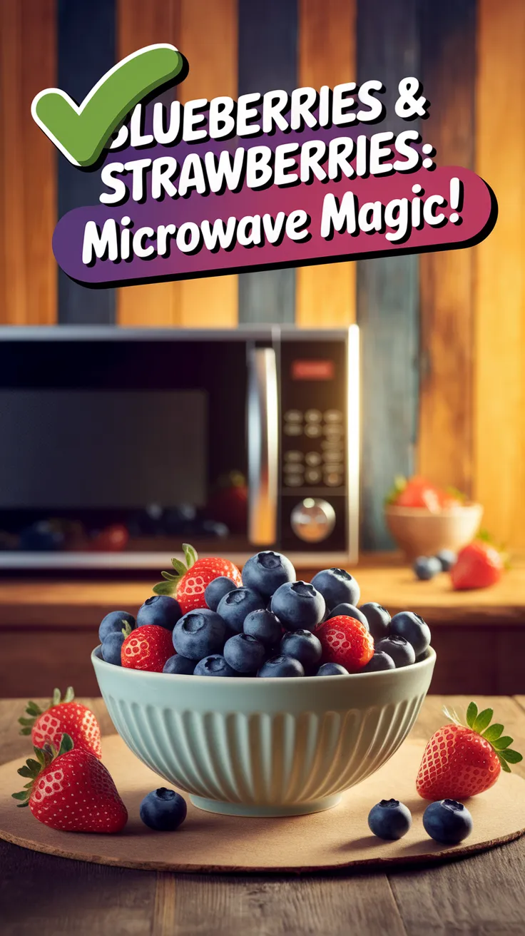 Bowl of blueberries and strawberries in the kitchen with a microwave, exploring if you can microwave blueberries and strawberries.
