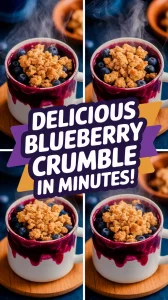 A delicious microwave blueberry crumble mug topped with crunchy crumble and fresh blueberries.