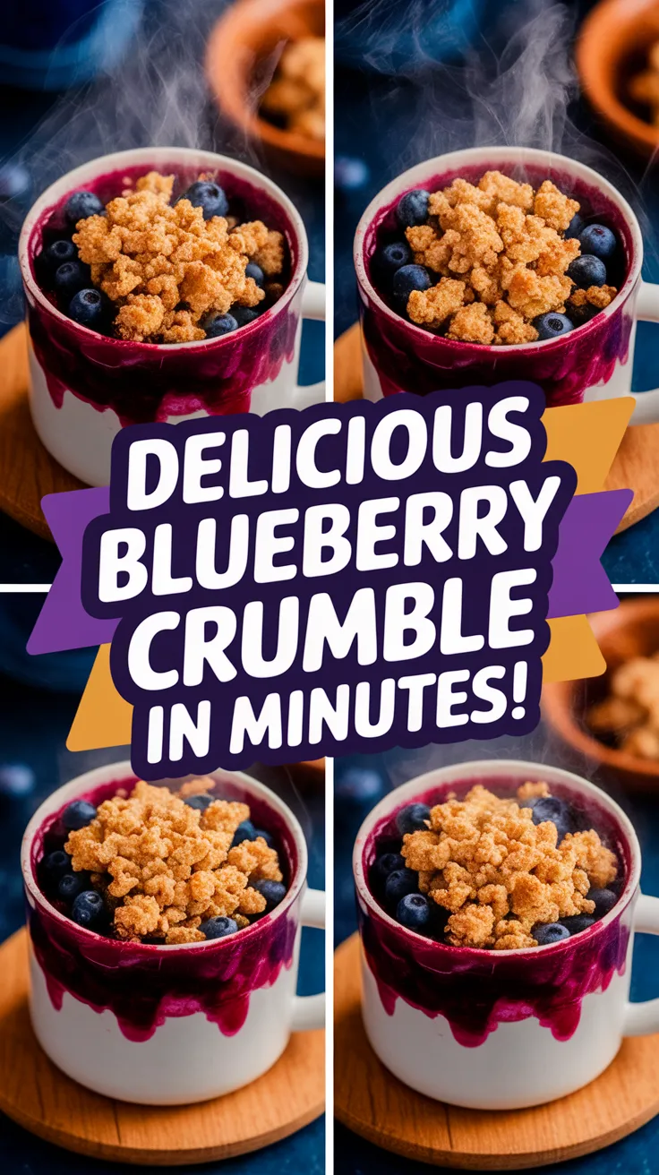 A delicious microwave blueberry crumble mug topped with crunchy crumble and fresh blueberries.