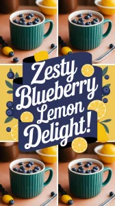 Delicious microwave blueberry lemon mug recipe with fresh blueberries and lemon slices.