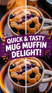Delicious microwave blueberry muffin in a mug with blueberries on top, perfect for quick desserts.