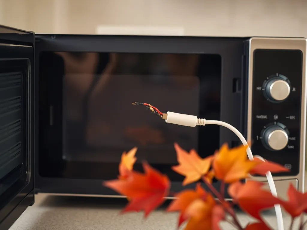 Damaged microwave cord indicating potential electrical issues leading to burning smells.