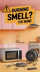 Microwave emitting smoke with warning about burning smell, highlighting parts to replace.