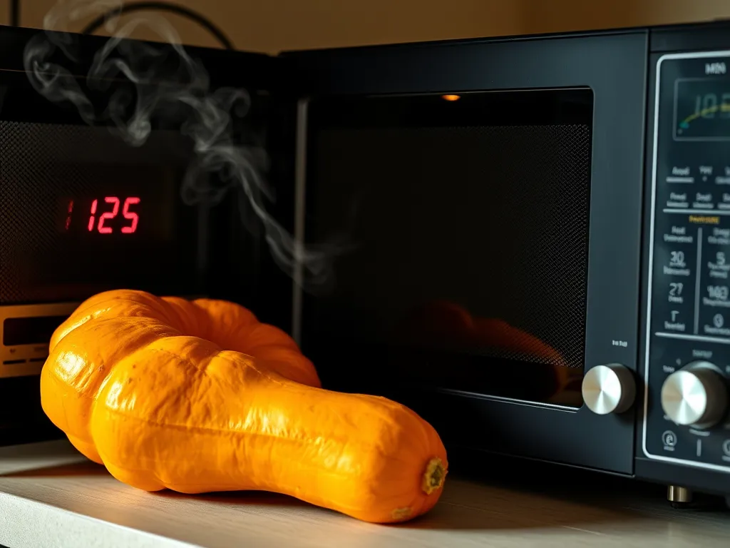 Butternut squash beside a microwave, illustrating the process of microwaving for custard base.
