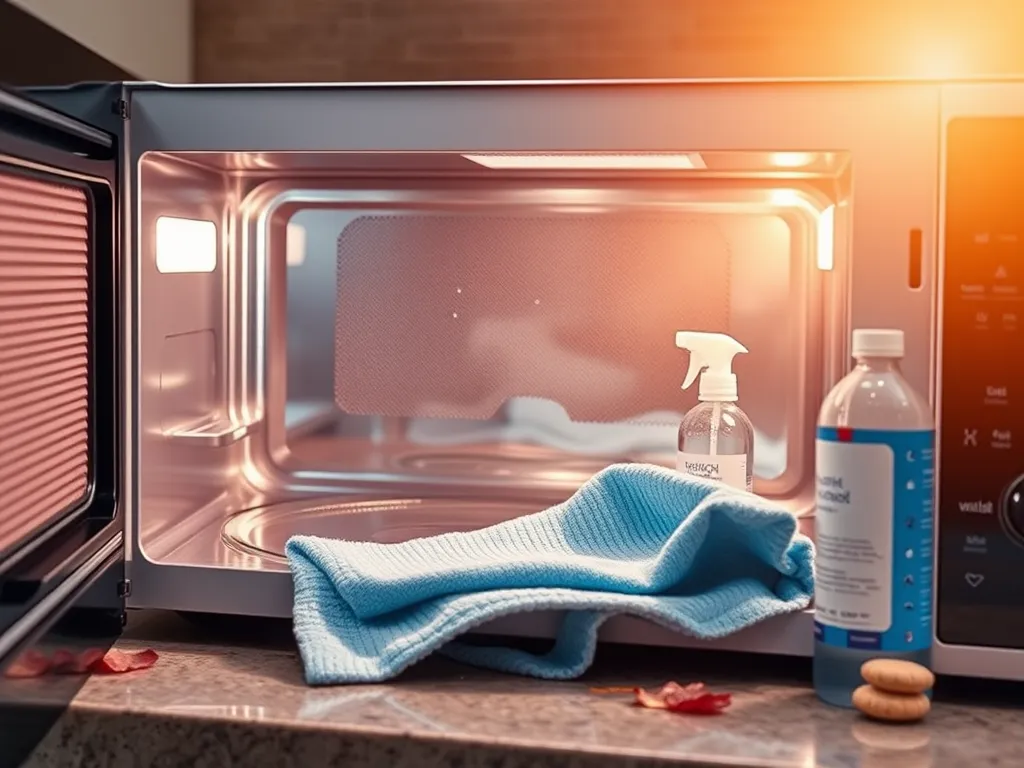 Inside view of a clean microwave with a toothbrush hack to fix stuck buttons.
