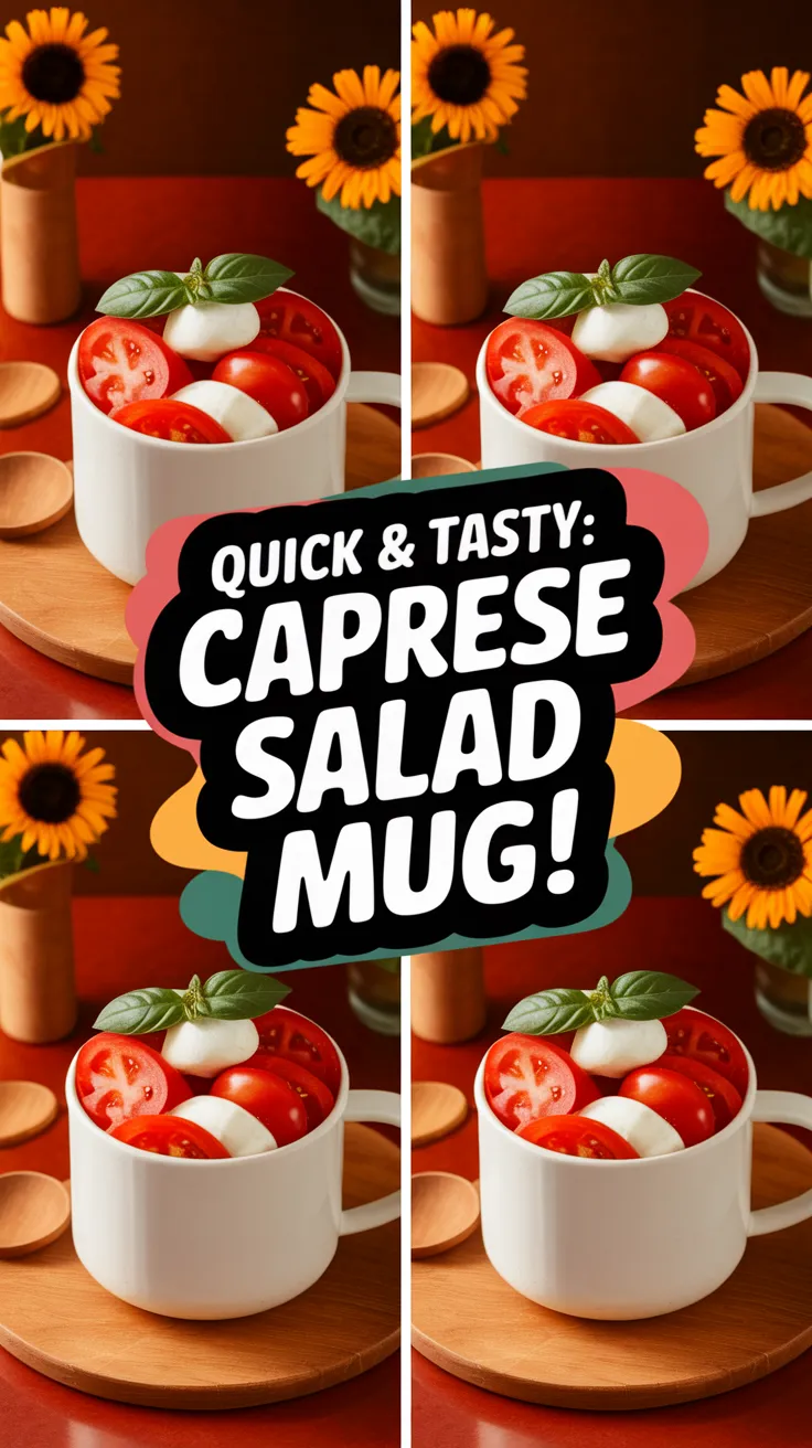 Delicious microwave caprese salad mug with tomatoes, mozzarella, and basil