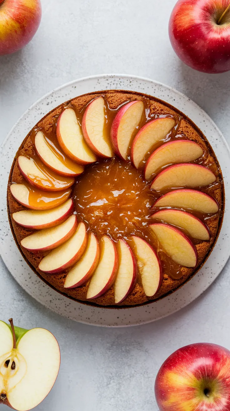 Microwave caramel apple cake topped with apple slices and caramel sauce