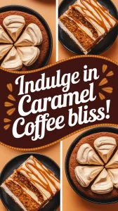 Delicious microwave caramel coffee cake topped with cream and caramel drizzle, perfect for dessert lovers.