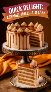 Delicious microwave caramel macchiato cake with caramel drips and fluffy frosting