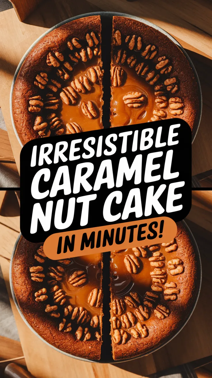 A freshly baked microwave caramel nut cake topped with pecans, perfect for a quick dessert.