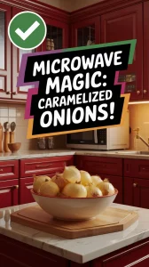 Bowl of caramelized onions prepared using microwave hack for quick meal prep
