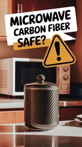 A carbon fiber container with a warning symbol questioning microwave safety.