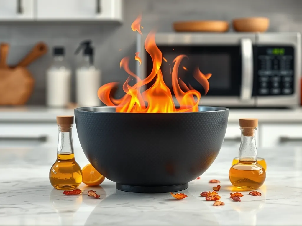 Flames erupting from a black bowl with oil bottles, illustrating the risks of microwaving carbon fiber containers.
