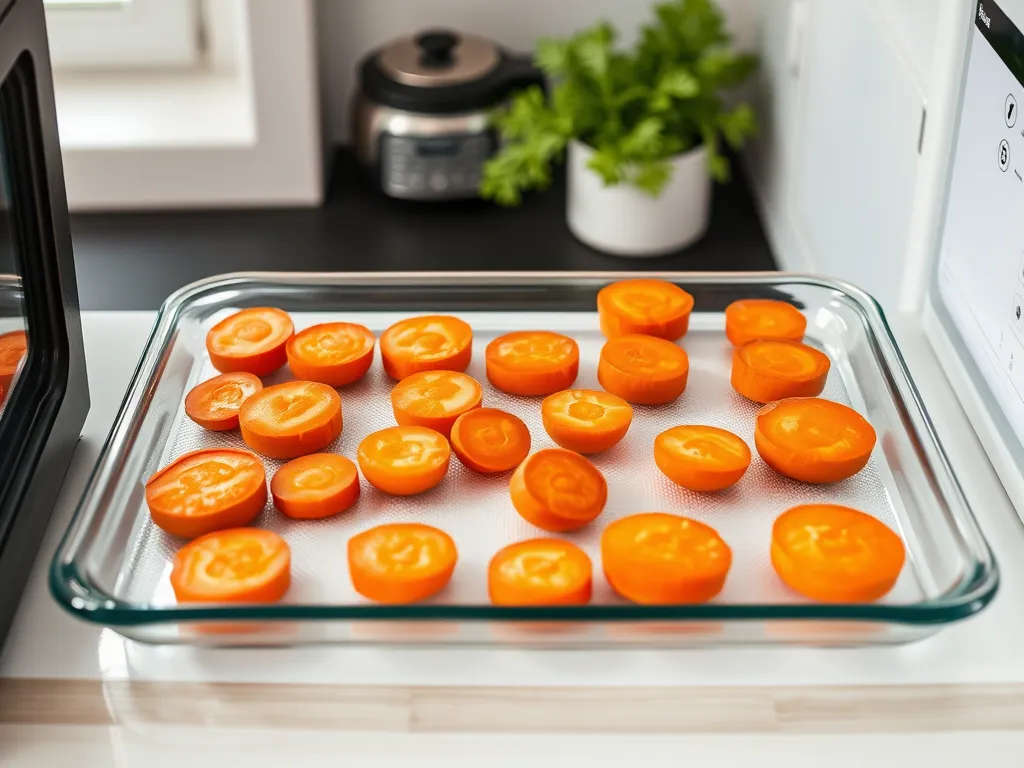 Tray of sliced carrot chips prepared for microwaving without burning