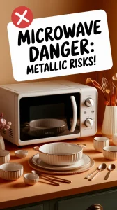 Ceramic bowl with metallic accents placed near a microwave, highlighting the risks of microwaving ceramic with metallic parts.