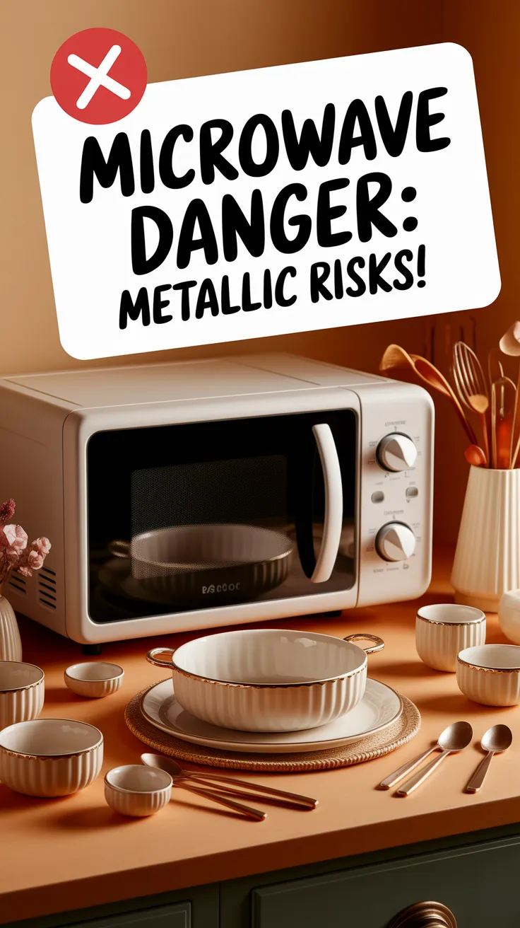 Ceramic bowl with metallic accents placed near a microwave, highlighting the risks of microwaving ceramic with metallic parts.