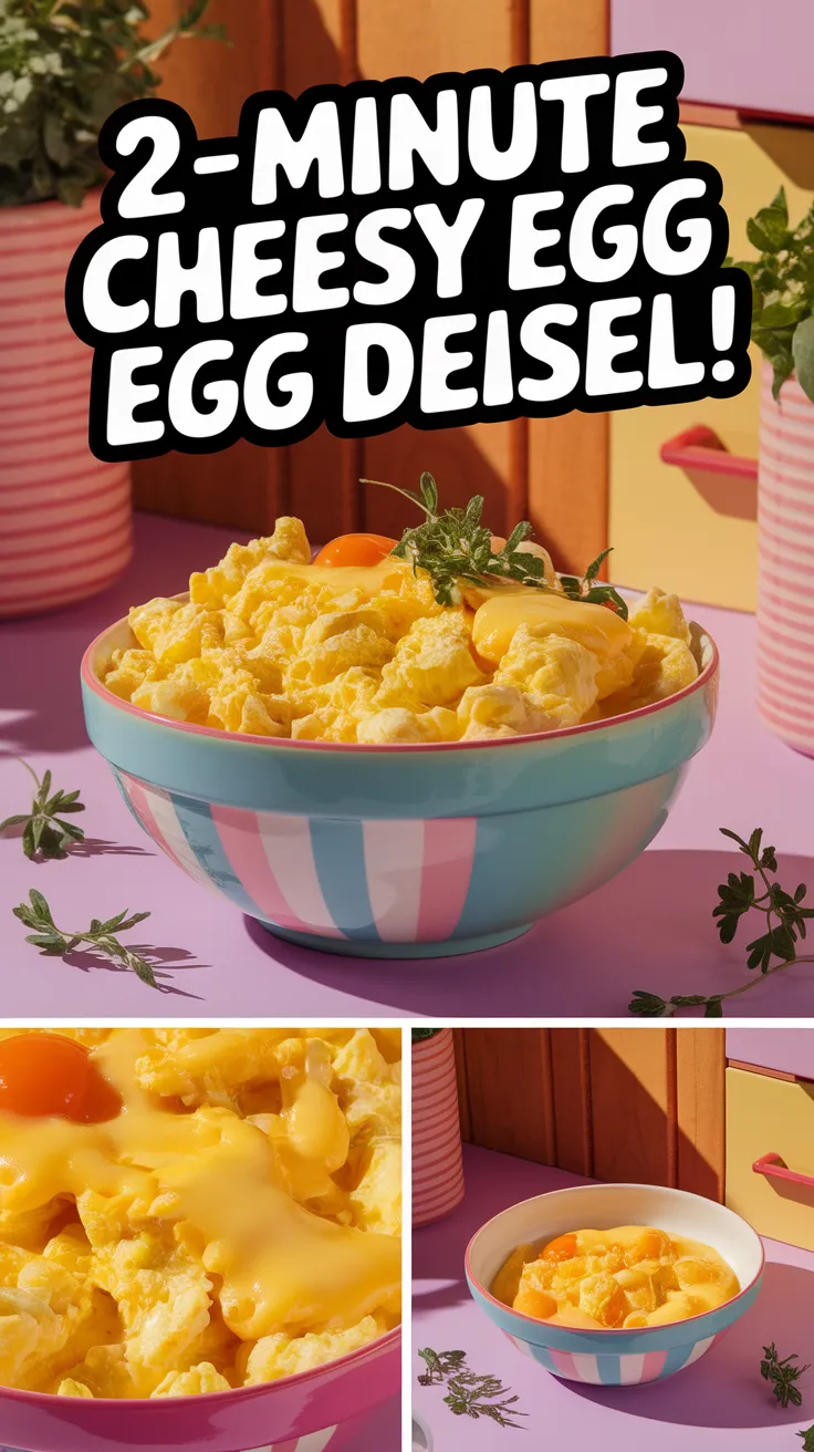 Bowl of cheesy scrambled eggs made in the microwave in 2 minutes, perfect for a quick breakfast.